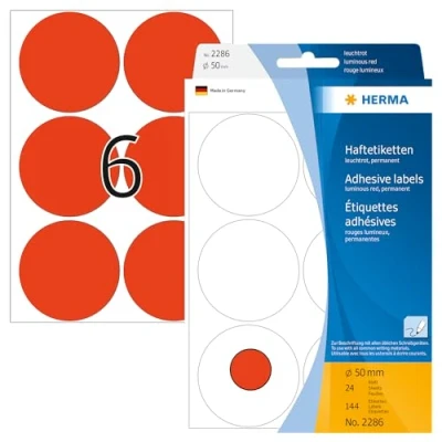 Image of HERMA Dot Stickers Luminous Red, 144 Labels, Ø 50 mm, 6 Labels per Sheet, Self Adhesive Round Colour Stickers, Blank Marking Dots, Sticky Circle for Color Coding Calendar
