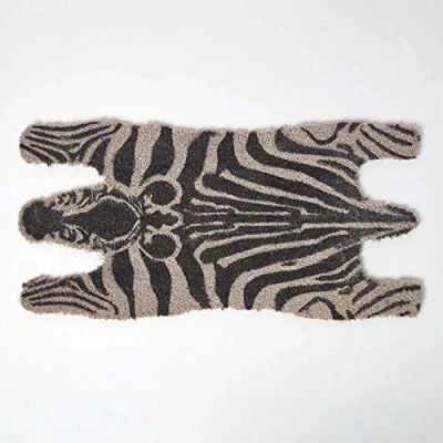 Image of HOMESCAPES Zebra Shape Coir Door Mat Animal Print with Rubber Non Slip Black and White Indoor Outdoor Doormat