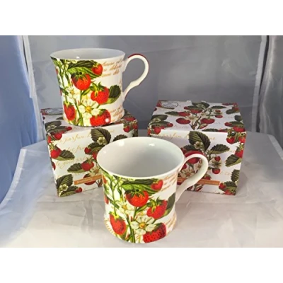 Image of FINE China Set of 2 Mugs Gift Boxed Strawberry Clear Design