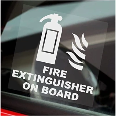 Image of 1 x Sticker Fire Extinguisher on Board Window Sign Car Van Bus Cab Taxi Minicab Self Adhesive Vinyl Health and Safety 100mm White Clear