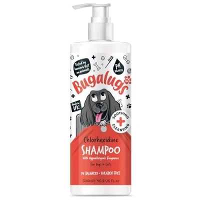 Image of BUGALUGS Dog Shampoo For Itchy Skin Antibacterial And Antifungal Natural Safe Sensitive Formula Fast Absorbing Cooling First Aid relief Cuts Grazes Irritation