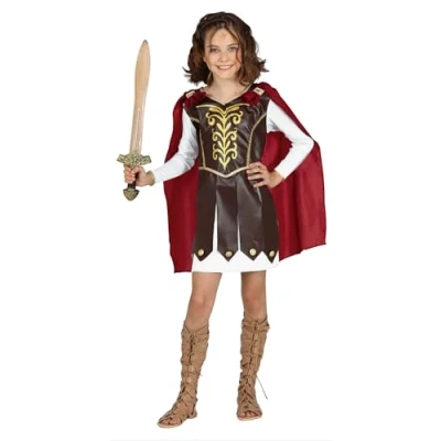 Image of FIESTAS GUIRCA Gladiator Girls Fancy Dress Costume with Golden Details and Red Cape for Children 10 12 Years