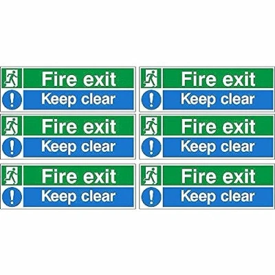 Image of Pack of 6 Fire Exit Keep Clear Signs 300mm x 100mm Self Adhesive