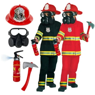 Image of Morph Kids Fireman Costume Red Helmet Hat Outfit Firefighter Halloween Costumes For Boys Medium
