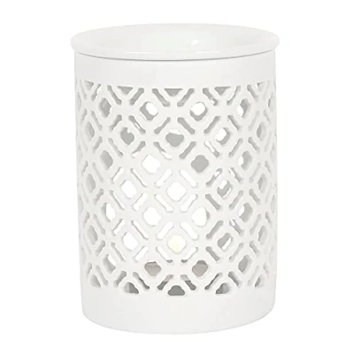 Image of Elegant White Ceramic Matte Lattice Oil Burner 11cm x 9.5cm (1 Pc.) Decorative Fragrance Diffuser Unique Design &amp; Premium Quality Material Perfect for Home Decor Aromatherapy