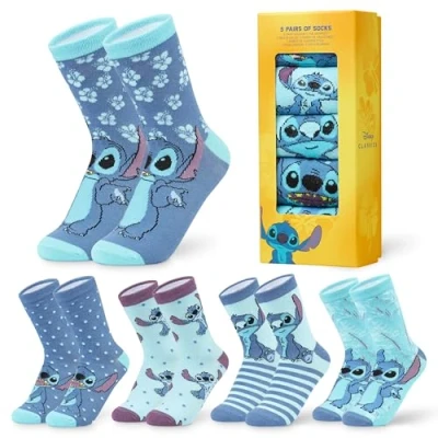 Image of Disney Womens Novelty Calf Socks, Soft Stretchy Socks in Pack of 5 Gifts for Women (Blue Stitch)