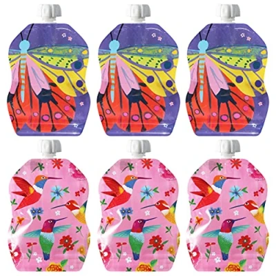 Image of ChooMee Reusable Food Pouches, SnakPack 8 oz Ideal for Baby Food, Smoothies and Purees Secure Double Lock Zipper, Wide Bottom, BPA Free 6 CT FlutterBug