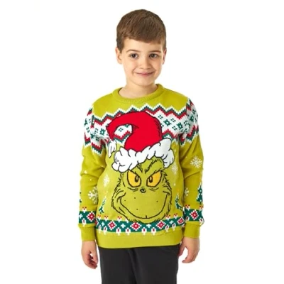 Image of The Grinch Kids Christmas Jumper in Green Graphic Knitted Sweater for Children Warm Festive Holiday Long Sleeve Knitwear Top Fun Pullover Knit Unique Movie Merchandise Gift Boys &amp; Girls