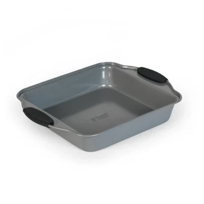 Image of Russell Hobbs RH01913EU Pearlised Square Baking Tin Non Stick Brownie Pan, Carbon Steel, BPA/PFOA Free, Easy Grip Silicone Handles, Kitchen Cookware for Focaccia, Cakes, Traybakes, Lasagne, 27 cm