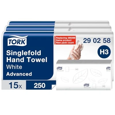 Image of Tork Soft Singlefold Paper Hand Towels White H3, Advanced Folded for Commercial Dispensers, Absorbent, Tear Resistant, 2 Ply, 15 x 250, 290258