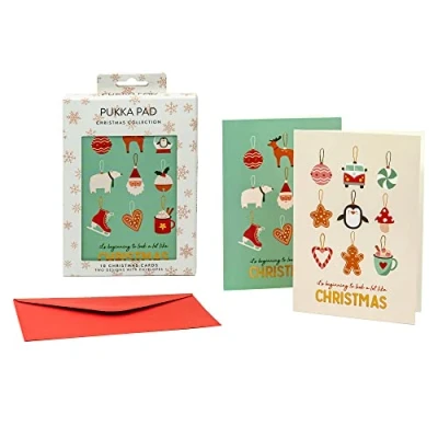 Image of Pukka Pad A6 Christmas Cards in Bauble Pack of 10 2 Designs with Red Envelopes Blank Inside for Personal Message 14.8 x 10.5cm Plastic Free, Fully Recyclable Packaging