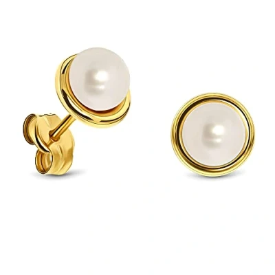 Image of Miore 7 mm white freshwater pearl stud earrings in 14 carat 585 yellow gold