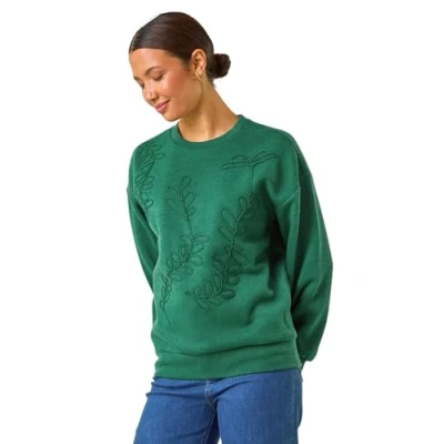 Image of Roman Originals Floral Embroidered Sweatshirt for Women UK Ladies Everyday Autumn Winter Round Neckline Comfy Soft Evening Vacation Work Party Night Out Green Size 20