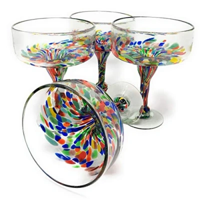 Image of Mexican Hand Blown Glass Set of 4 Margarita Glasses Confetti Carmen (16 oz)