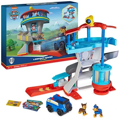 Image of Paw Patrol Lookout Tower Playset with Toy Car Launcher, 2 Chase Action Figures, Chase’s Police Cruiser and Accessories, Kids’ Toys for Ages 3 up