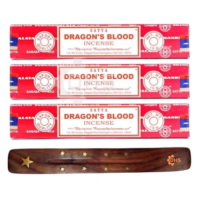 Image of 3X Satya Nag Champa Dragons Blood incense sticks with DHS holder Used for Meditation, Healing, Positivity Aromatherapy, Spa, Yoga, Weddings, and Relaxation