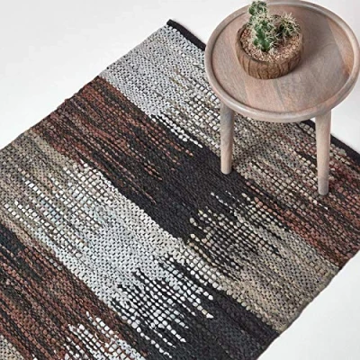 Image of HOMESCAPES Black, Grey &amp; Brown Genuine Leather Rug Handwoven Cutshuttle Design Eco Friendly Real Rug, 120 x 180 cm
