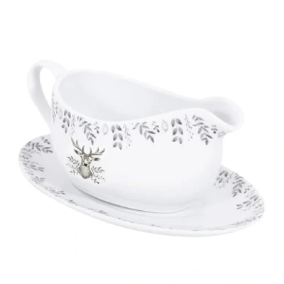 Image of YöL 350ml Gravy Boat Saucer Silver Stag Porcelain Jug Christmas Dinner Setting
