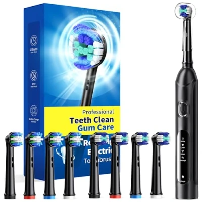 Image of Rotating Electric Toothbrush for Adults with 8 Brush Heads (2 Types), 4 Modes Deep Clean Rechargeable Power and 2 Min Smart Timer