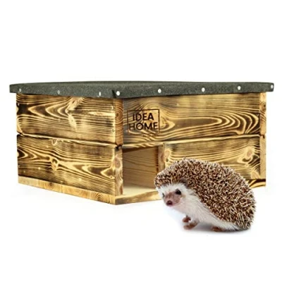 Image of LEVIATAN Hedgehog house with wooden base, year round house, weatherproof, Ready to Use, No Assembly Required, perfect for the garden, winter quarters, Burnt wood.