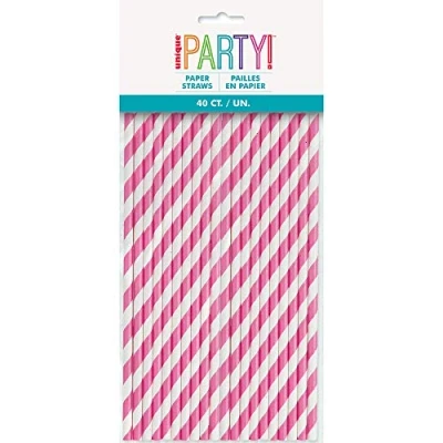 Image of Stylish Hot Pink Striped Paper Straws Perfect for Birthday Parties &amp; Events 40ct