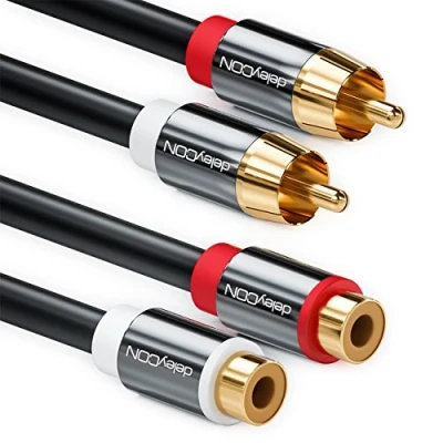Image of deleyCON 10m Cinch Extension RCA Cable Stereo Audio 2x Plugs Jacks Gold Plated Metal Black