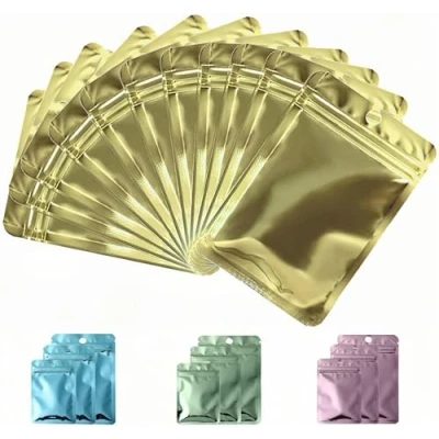 Image of Rimiko 50pcs Resealable Sample Bags, Small Ziplock Mylar Bags with Hanging Hole, Clear Foil for Packaging, Retail, Food and Items Storage (Metallic Yellow, 4.1&quot;x 5.9&quot;)