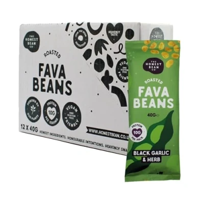 Image of The Honest Bean Co Roasted Fava Black Garlic &amp; Herb, High Protein Vegan Snack, 40 g (Pack of 12)