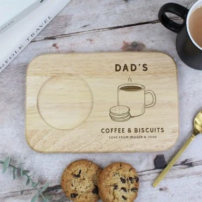 Image of eBuyGB Personalised Dad&#039;s Coffee &amp; Biscuits Board, Engraved Wood Treat Tray, for Daddy, Dad Gifts, Birthday Gifts
