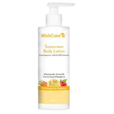 Image of WishCare Sunscreen Body Lotion with SPF 50 PA+++ Broad Spectrum UVA &amp; UVB Protection, No White Cast, Enriched Carrot Seed Raspberry 200ml