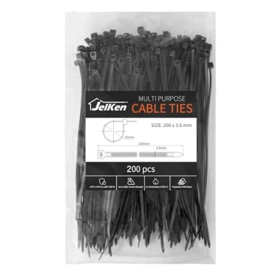 Image of JelKen 200 Pack Black Cable Ties, 200mm x 3.6mm, 8&quot; Nylon Tie Wraps, Self Locking Strong Zip Ties for Home Office and Garden