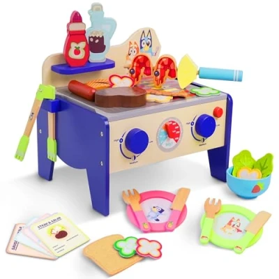 Image of Bluey Wooden BBQ &amp; Salad Playset 33 Piece Colourful Role Play Grill Set with Tongs Food Pieces, FSC Certified Wood, Realistic Pretend Cooking Toy for Kids 3+, Durable Eco Friendly