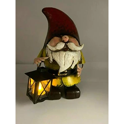 Image of Primus Metal Gnome with Candle Lantern Garden Ornament Sculpture Gift, Hand Painted, 21 x 20 30cm