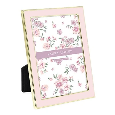 Image of Laura Ashley 5x7 Pink Enamel Picture Frame, Gold Metal Edge with Easel, for Countertop, Counterspace, Tabletop Display, Bookshelf, Desk, Wall Décor, Photo Gallery