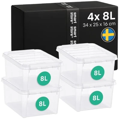 Image of SmartStore 8L Plastic Storage Boxes with Lids Set of 4 10 Year Guarantee Stackable and Nestable Food Safe BPA Free Clip Locked Transparent L34 x W25 H16 cm