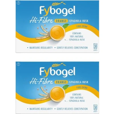 Image of Fybogel Hi Fibre, Orange, 30 Sachets X 2, 60 Total, Ispaghula Husk, Constipation Relief for Adults, Fibre Supplement, Fast Relief, Natural Laxatives, Digestion and Nausea