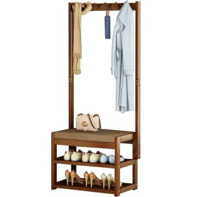 Image of Baannaww Heavy Duty Hall Tree with Bench, Coat Rack Stand 5 Hooks and 2 Tier Shoe Rack, FreeStanding Wooden Shelf for Hallway, Easy to Assemble