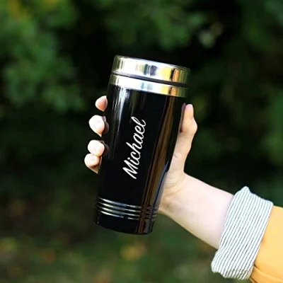 Image of eBuyGB Personalised Insulated Travel Mug, Double Walled 450ml Reusable Drinks Flask, Cup, Stainless Steel Tea/Coffee Cup (Black)