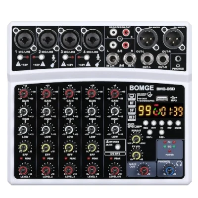 Image of BOMGE 6 channel dj audio Mixer with MP3 USB Bluetooth,48V phantom power, 16 DSP Echo effects for Live, Music, Karaoke, Podcast (WHITE)
