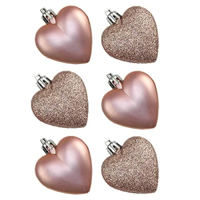 Image of Davies 6 Pack 50mm Glitter / Plain Hearts Christmas Decoration Rose Gold