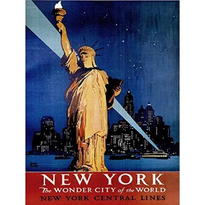 Image of Wee Blue Coo Travel New York Statue Liberty Manhattan Railway USA Vintage Art Print Poster Wall Decor 12X16 Inch