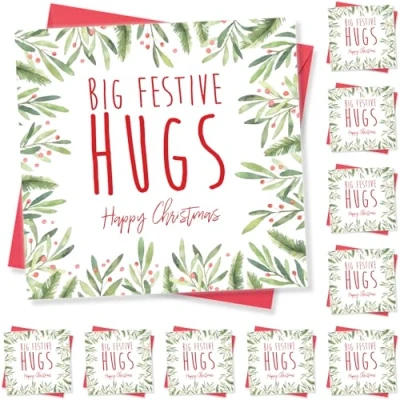Image of Punkcards Christmas Card Hug, Pack of 10, Neighbour Card, Best Friend Big Festive Hugs Multipack, Made in UK