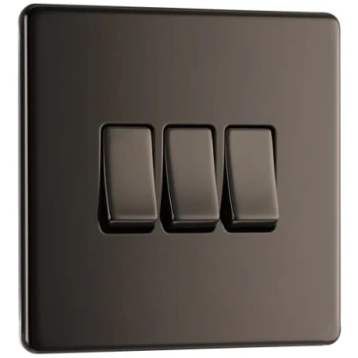 Image of BG Electrical Triple Wall Light Switch, 2 Way, Screwless Front Plate, Slim Profile, Premium Flatplate, Black Nickel, 20A, 16AX, FBN43