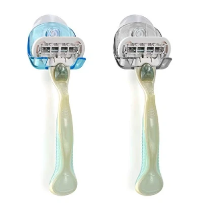 Image of kwmobile 2X Razor Holder with Suction Cup Self Adhesive Shaver Wall Mount Bathroom Organizer for Glass and Tiles Black/Light Blue/Transparent