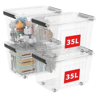 Image of Cetomo 35L*4 Storage Boxes with Wheels, Plastic Bins Lids, Latching Buckles, Click Closure, Stackable, Nestable, Organizer for Home Office Clothes, Clear, 35L 4 Pack