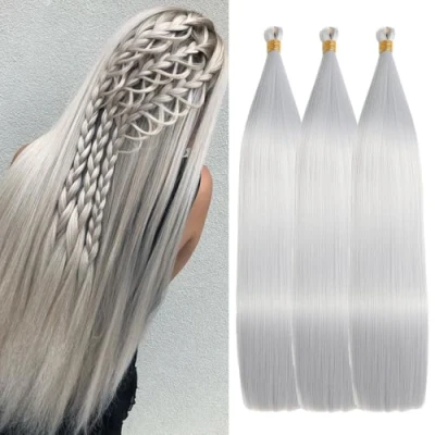 Image of Locescsoc 24 Inch Straight Hair Extensions 150g 3 Packs Bone Braiding Hair, Grey Ariel Ponytail Bundles, Ombre Soft Synthetic Crochet Box Braids for Women