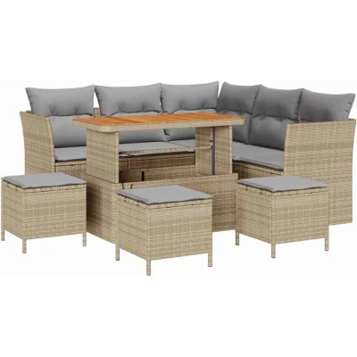 Image of vidaXL 9 Piece Garden Sofa Set with Cushions Beige Poly Rattan Acacia