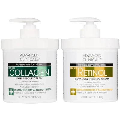 Image of Advanced Clinicals Retinol cream and Collagen Skin Care set. Value anti aging set for wrinkles, fine lines, firming skin. 16oz Spa size are great face body moisturizer.