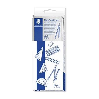 Image of STAEDTLER 557 10 Noris Maths Set with Storage Tin (10 Pieces including Compass, Ruler, Protractor and Squares)