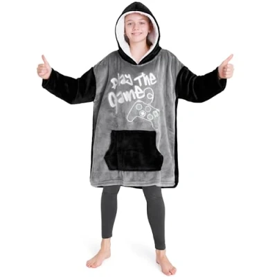 Image of CityComfort Fleece Hoodie Blanket for Kids and Teenagers Football One Size Oversized with Sherpa Lined Hood Gaming Gifts (Silver Gaming)